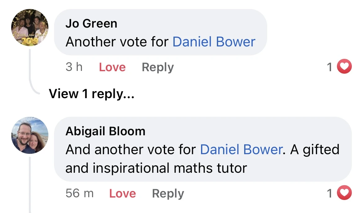 Parent recommendation comments for Daniel Bower