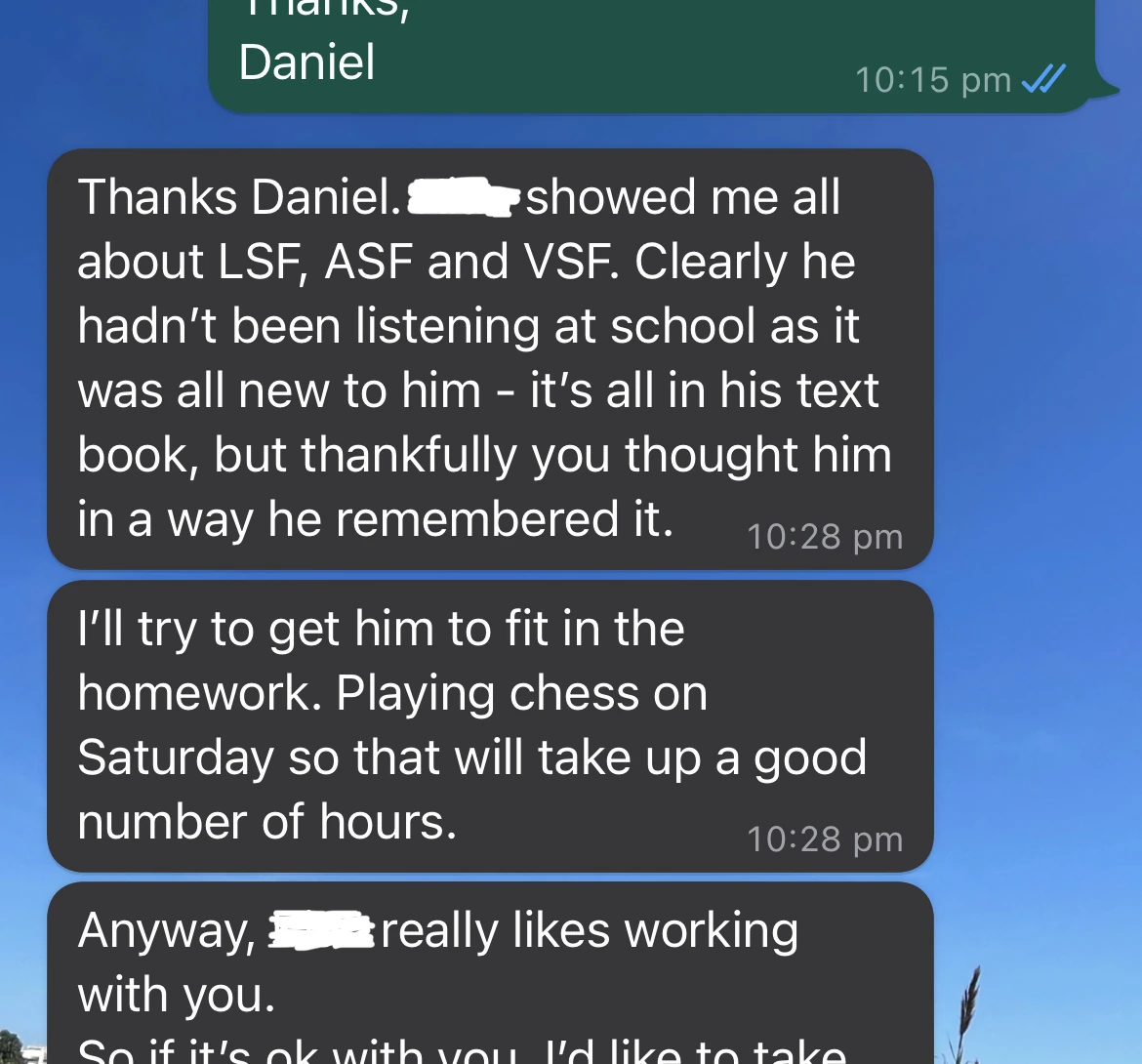 WhatsApp parent feedback about a student remembering maths content