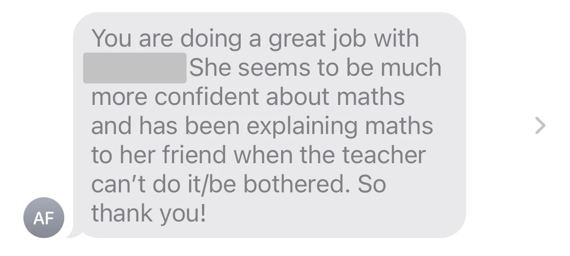 Parent message saying a student is more confident about maths
