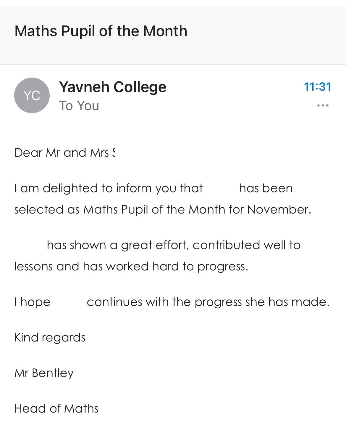 Maths Pupil of the Month email