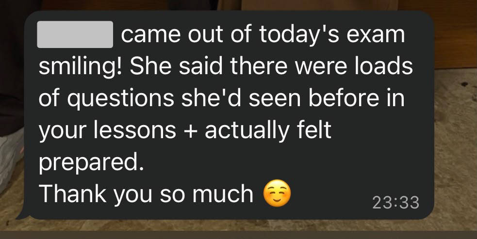 Parent message saying a student came out of the exam smiling and felt prepared
